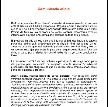 IL COMUNICATO DI LORENZO