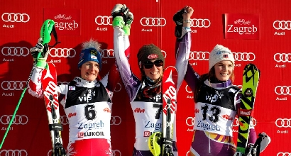 Podio slalom Zagabria (Afp) Podio slalom Zagabria (Afp)