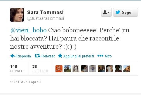 Sara Tommasi su Twitter a Vieri: "Hai paura che racconti le nostre avventure?" Sara Tommasi su Twitter a Vieri: "Hai paura che racconti le nostre avventure?"