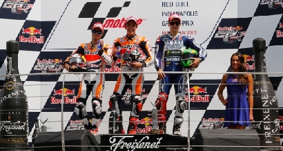 Marquez Pedrosa e Lorenzo podio Indy foto MotoGP.com Marquez Pedrosa e Lorenzo podio Indy foto MotoGP.com