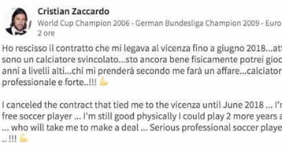 Zaccardo senza squadra: la cerca su LinkedIn