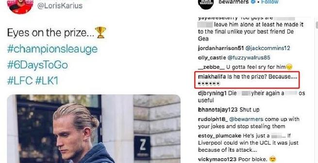Karius, piccola consolazione: la pornostar Mia Khalifa gli mette gli occhi addosso...