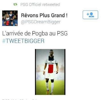 Pogba con la maglia del Psg (Twitter), Foto Twitter Pogba con la maglia del Psg (Twitter), Foto Twitter