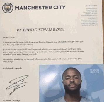 Manchester City, Sterling scrive a un tifoso vittima di razzismo